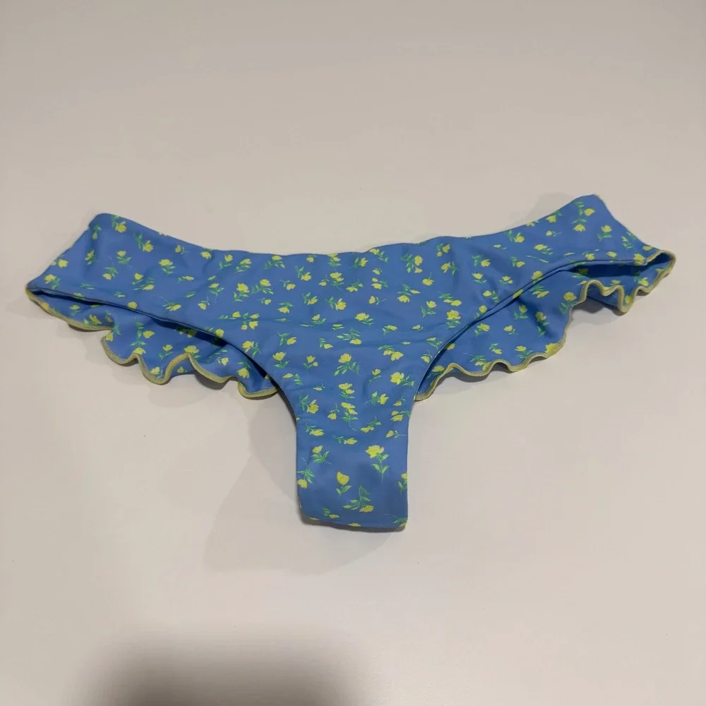Kulani Kinis Blue Yellow Floral Ruffle Bikini Bottoms Small Floral Print Swim